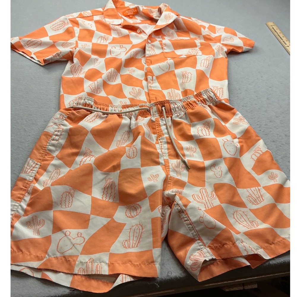 Negative Space‎ Checkered Cactus Two Piece Set Shirt Shorts Small Orange White
